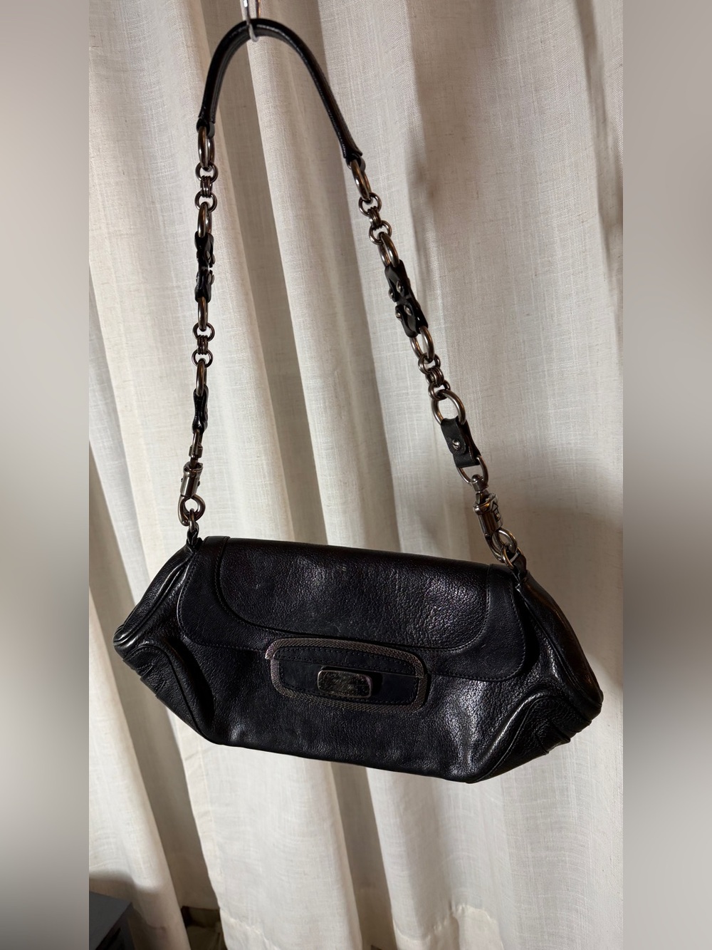 Vintage PRADA Mirror Lock Black Leather Shoulder Bag